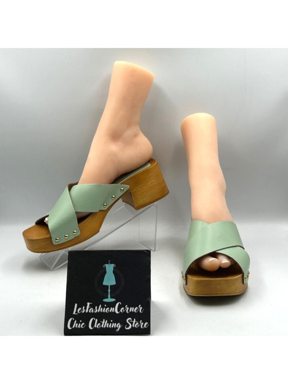ASOS DESIGN Sage Green Leather Wooden Platform Clog Sandals Size 9 3780